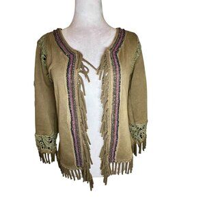 Cardigan Open Beaded Gypsy Crochet Elbow Patches Fringe Boho Fairycore S